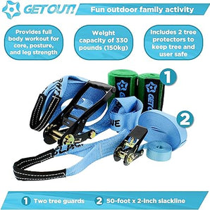 Get Out!™ Slackline Beginner Kit for Kids and Adults – Classic Slackline with Training Line Complete Kit