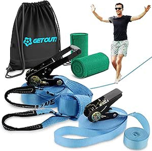 Get Out!™ Slackline Beginner Kit for Kids and Adults – Classic Slackline with Training Line Complete Kit